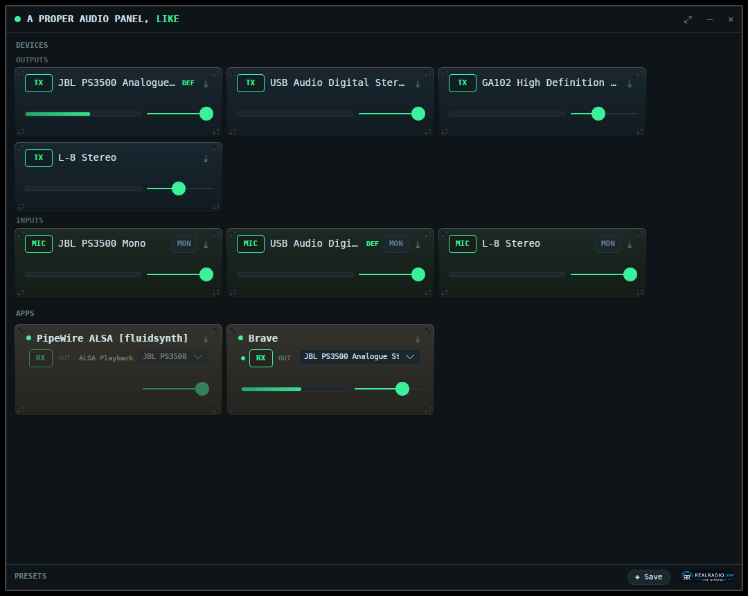 Rows layout: devices stacked across the top with applications below